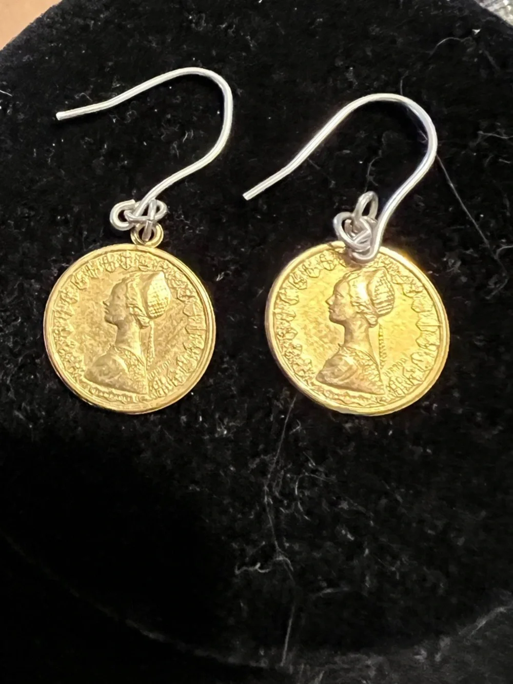 Two tone Italian 500 Lire coins on sterling silver hook earrings.